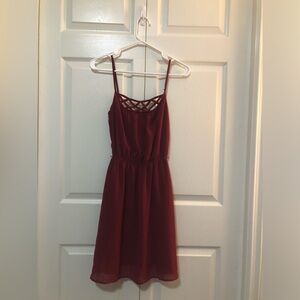 Studio Y Burgundy Spaghetti Strap Midi Dress with Lattice Neckline